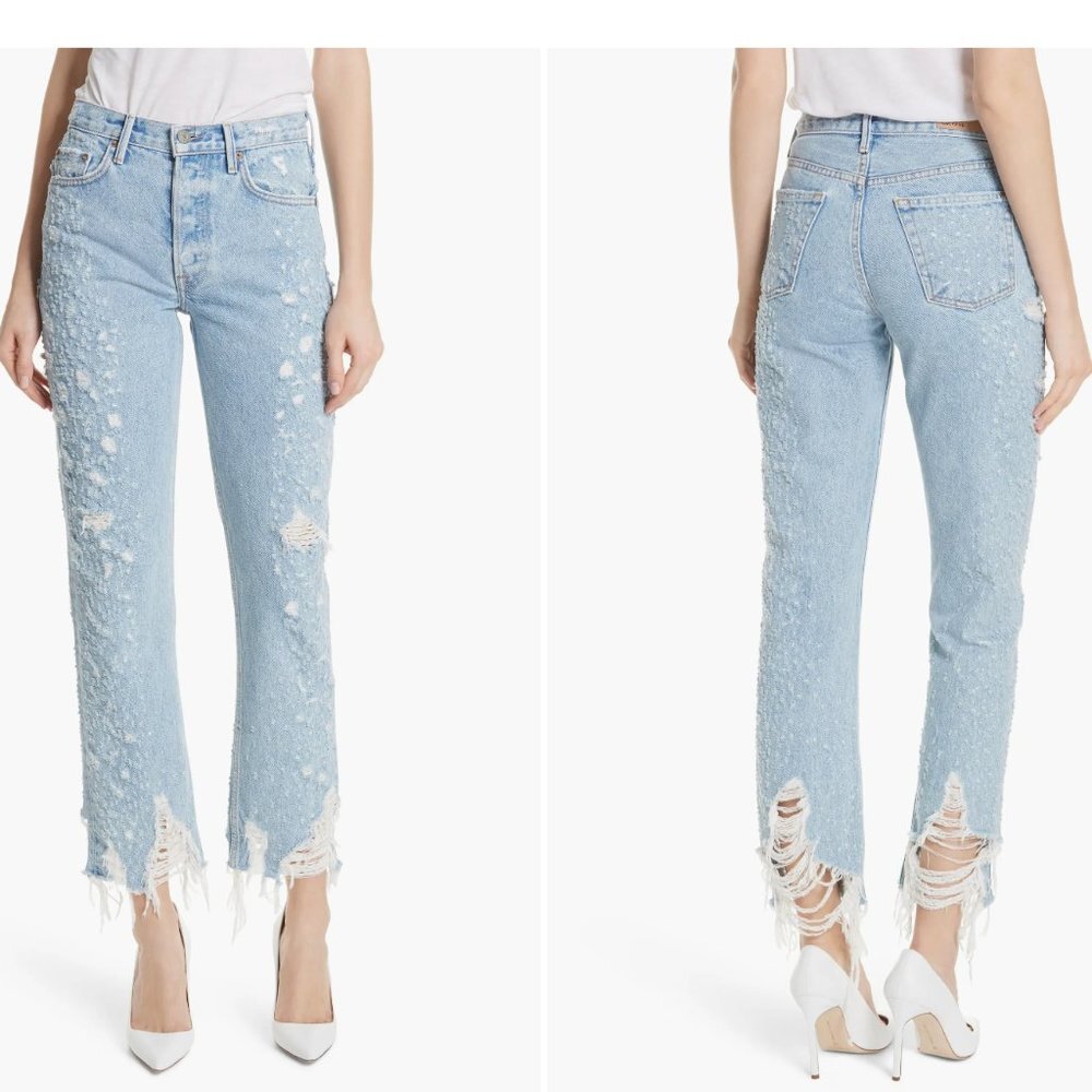 GRLFRND The Helena Burn Out Rigid Hi-Waist Button Fly Straight Leg Jeans Size 25